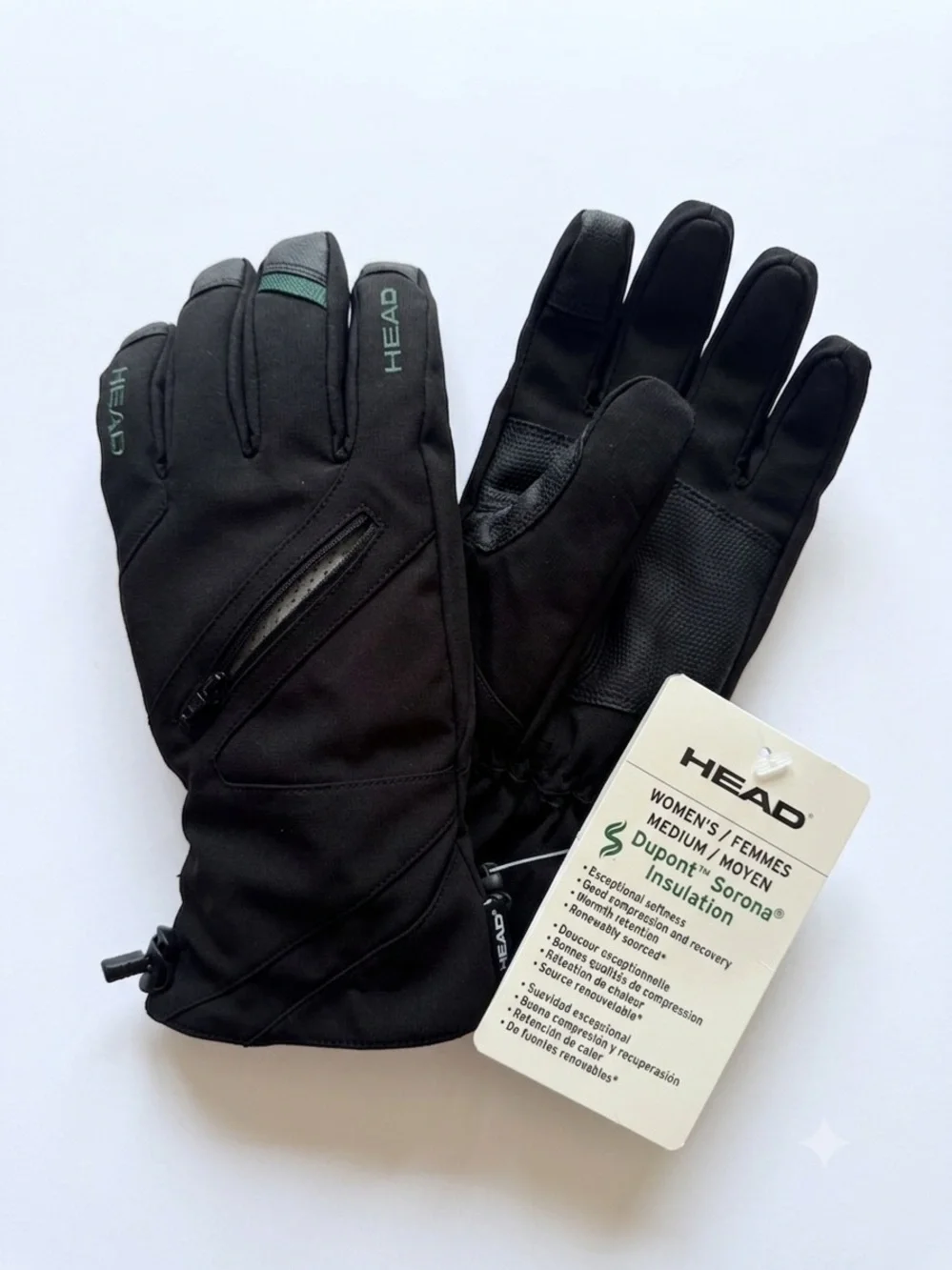 HEAD Women's Ski Gloves Black Medium DuPont Sorona Insulation Cold Weather New